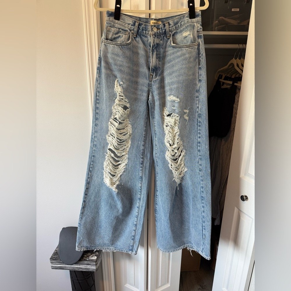 GRLFRND NWOT Light Blue Distressed Wide Leg Jeans